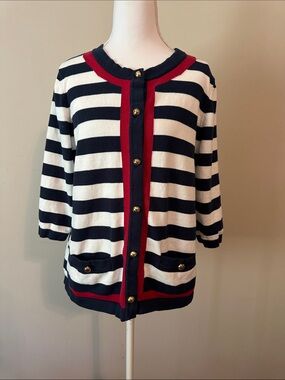Mercer Street Studio Navy and White Striped Cardigan with Red Trim